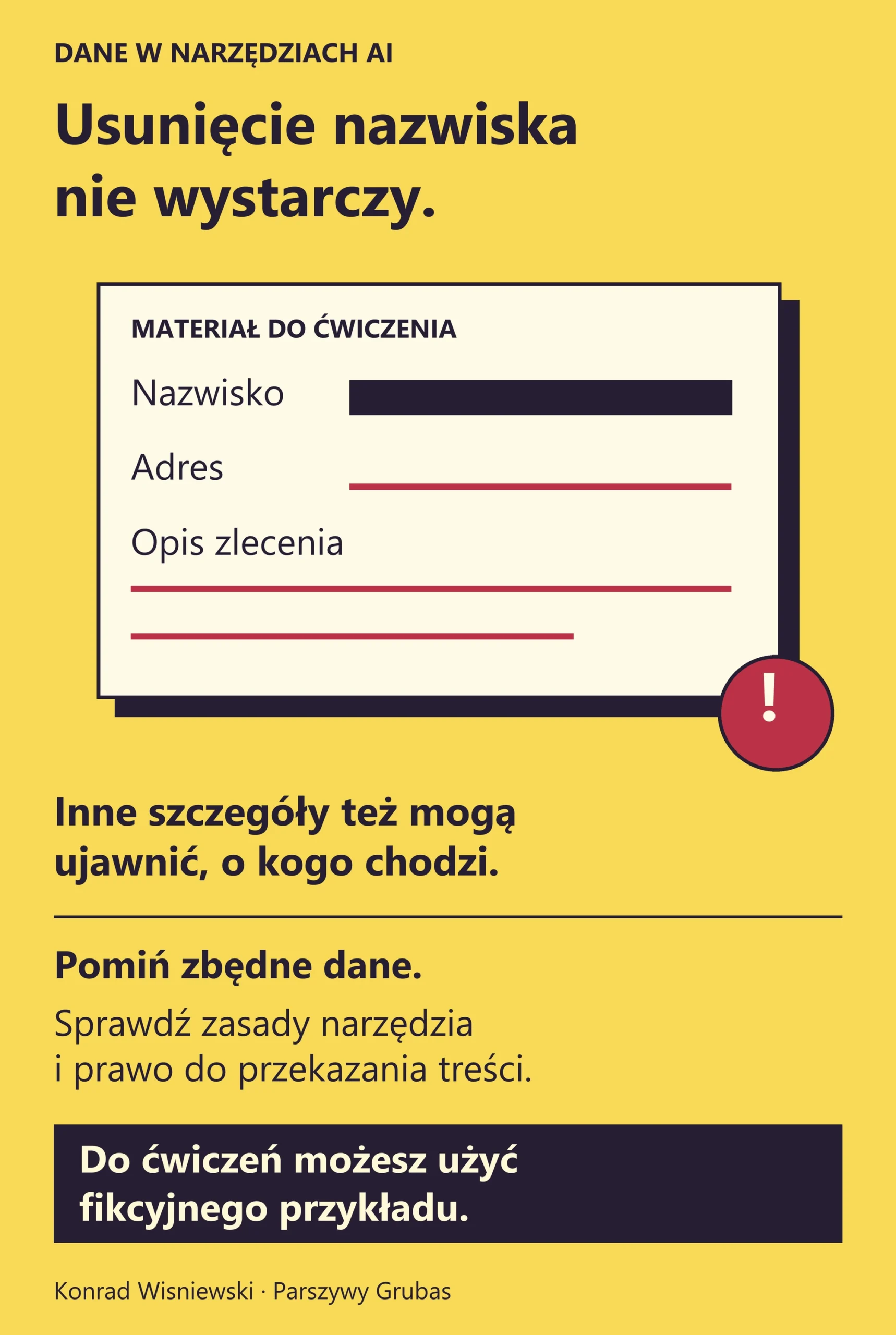 Ilustracja dokumentu z zakrytym nazwiskiem i wyróżnionymi polami adresu oraz opisu zlecenia, które nadal mogą identyfikować klienta.