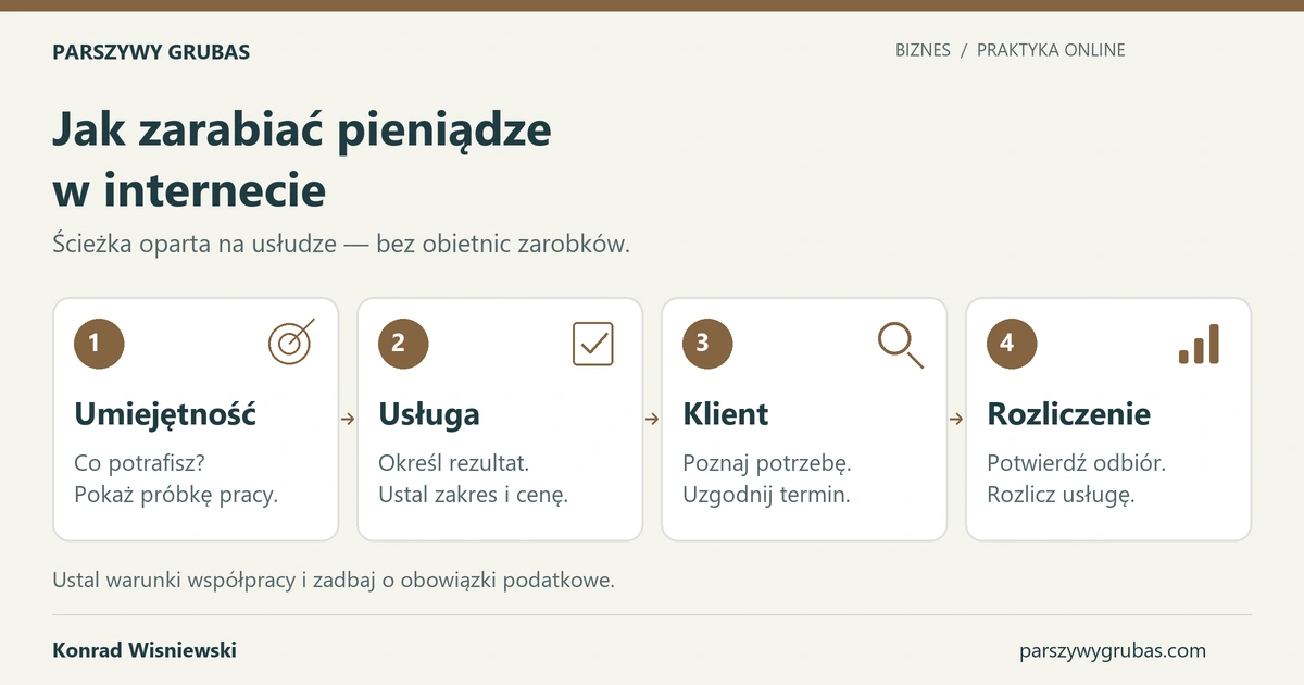 Ścieżka świadczenia usług przez internet: umiejętność i próbka pracy, usługa z zakresem i ceną, klient i termin, następnie odbiór i rozliczenie.