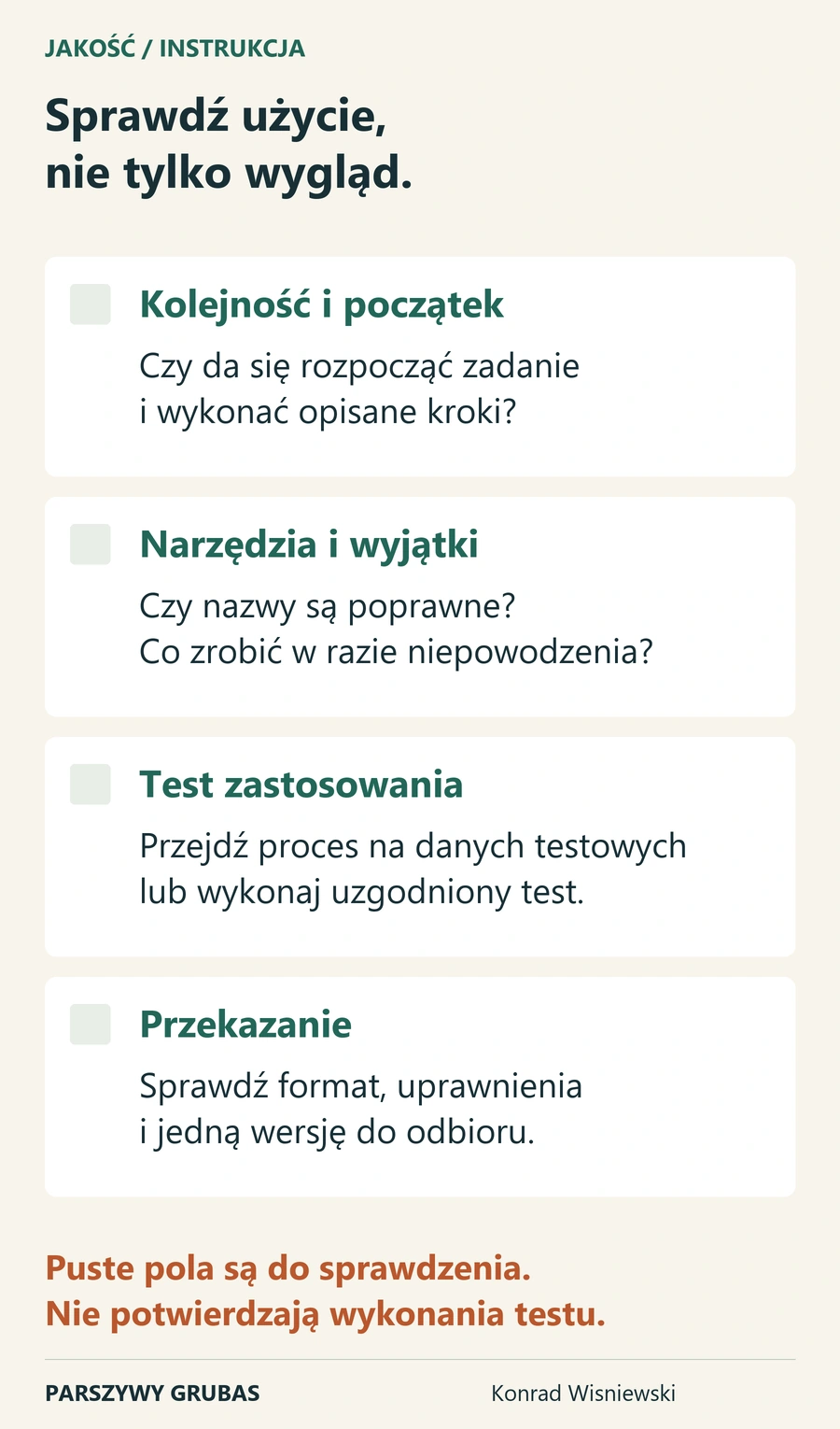 Lista z pustymi polami kontrolnymi: kolejność i początek, narzędzia i wyjątki, test zastosowania oraz przekazanie pliku z właściwymi uprawnieniami.